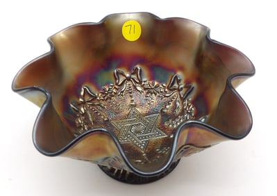Star & Grapevine Carnival Glass Ruffled Bowl by Dugan Glass