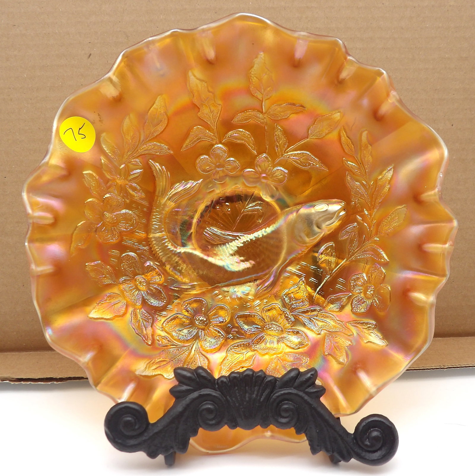Trout & Fly Marigold Glass Dish by Millersburg: Early Millersburg marigold glass bowl with ruffled edge, featuring the rare “Trout & Fly” pattern. Beautiful iridescence with strong detail. Classic addition to any carnival glass collection.
