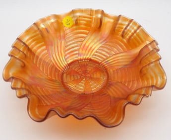 Ribbon Tie Marigold Carnival Glass Ruffled Bowl