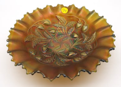 Strawberry Carnival Glass Bowl Green Base by Northwood Glass
