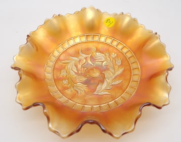 Basket of Tulips Marigold Carnival Glass Ruffled Bowl by Northwood