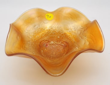 Basketweave and Cable Marigold 3-Footed Carnival Glass Bowl by Northwood