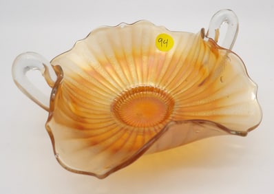 Radiating Rays Marigold Carnival Glass Handled Bowl by Fenton Glass Art