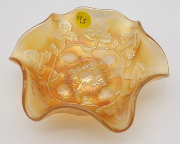 Grape & Cable Marigold Carnival Glass Ruffled Bowl by Northwood