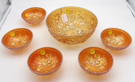 7 Pc Set - Open Rose Marigold Carnival Glass Punch Bowl Set by Imperial Glass