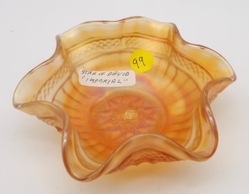 Star of David Marigold Carnival Glass Ruffled Bowl by Imperial