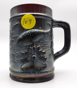 Fish & Lotus Amethyst Carnival Glass Mug by Dugan Glass Co.