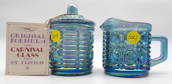 2 Pc Set - Original Formula Blue Carnival Glass Cream & Sugar Set by Fenton Glass