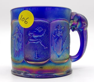 Nursery Rhyme Cobalt Blue Carnival Glass Mug with Elephant Handle by Fenton Art Glass