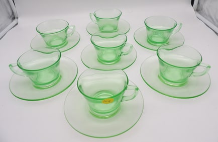 14 Pc Set - Depression Glass Green Uranium Teacups & Saucers