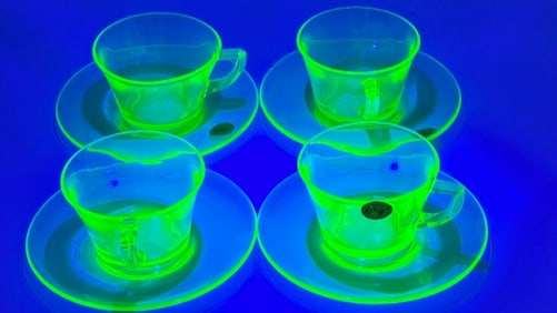 14 Pc Set - Green Glass Uranium Teacups & Saucers