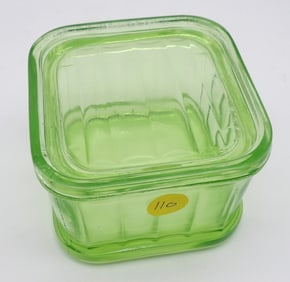 Green Uranium Depression Glass Refrigerator Dish w/ Lid