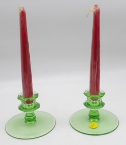 Pair of Uranium Glass Candlesticks with Red Taper Candles