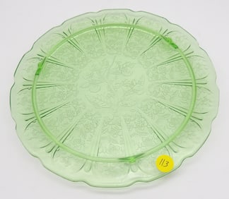 Cherry Blossom Green Uranium Glass Serving Plate by Jeannette Glass Co.