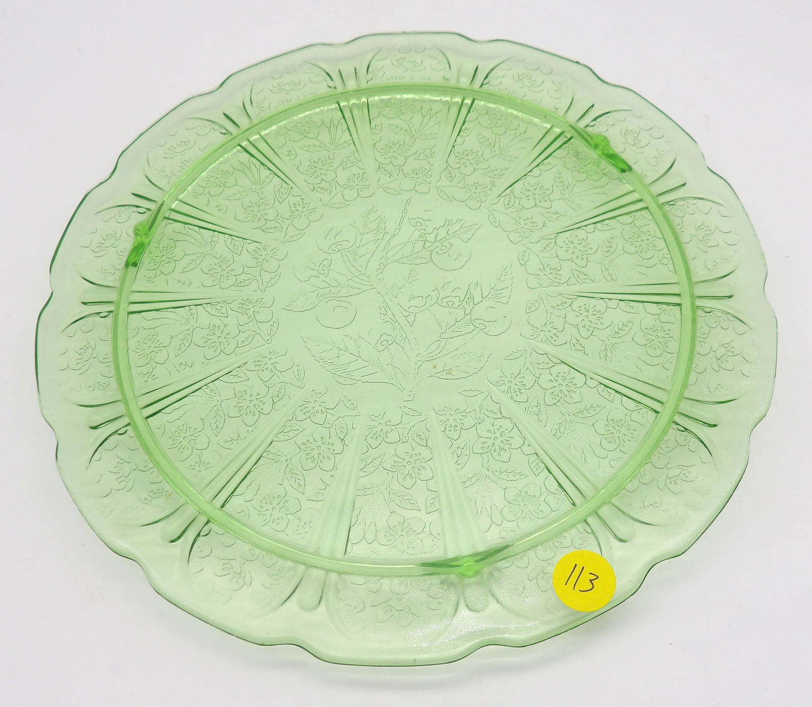 Cherry Blossom Green Uranium Glass Serving Plate by Jeannette Glass Co. (1 of 3)