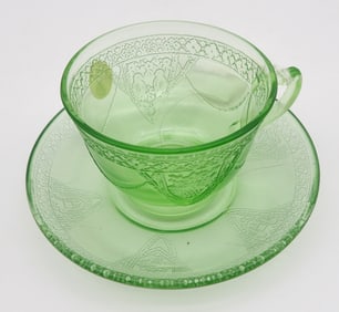 Lovebirds Green Depression Glass Cup & Saucer Set by Federal Glass Co.