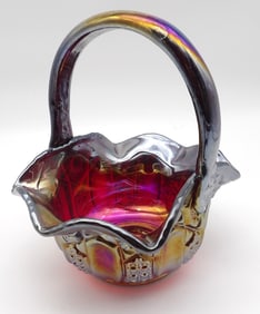 Scroll Embossed Red Iridescent Carnival Glass Basket