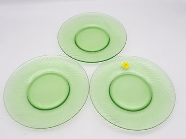 3 Pc Set - Green Uranium Glass Swirl Pattern Plates by Anchor Hocking