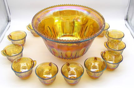 15 Pc Set - Princess Iridescent Gold Carnival Glass Punch Set by Indiana Glass Co.