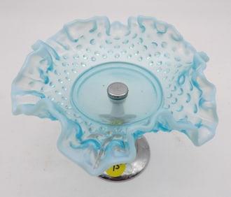 FENTON BLUE OPALESCENT HOBNAIL RUFFLE-EDGED COMPOTE