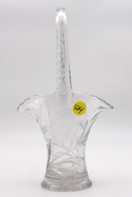 Etched Daisy & Leaf Scalloped Rim Pressed Glass Basket