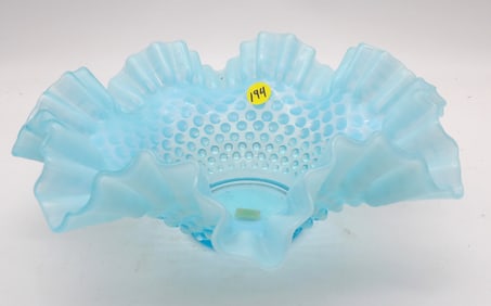 FENTON BLUE OPALESCENT HOBNAIL RUFFLE-EDGED BOWL