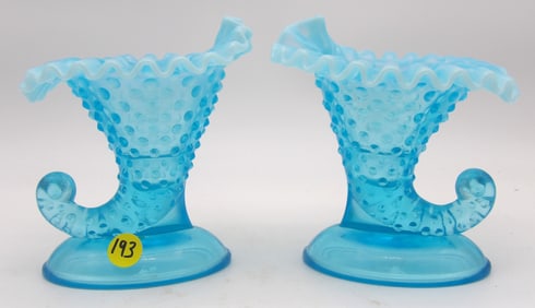 FENTON BLUE OPALESCENT HOBNAIL RUFFLE COLLAR CORNUCOPIA VASES (PAIR)
