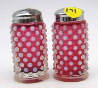 FENTON CRANBERRY OPALESCENT HOBNAIL SALT & PEPPER SHAKERS (PAIR)