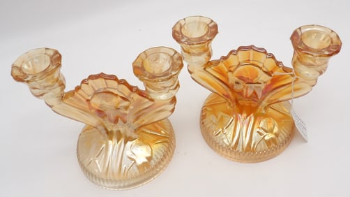 Pair of Shell & Scroll Marigold Carnival Glass Double Candleholders by Imperial
