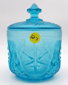 Yutec Starburst Blue Pressed Glass Lidded Jar