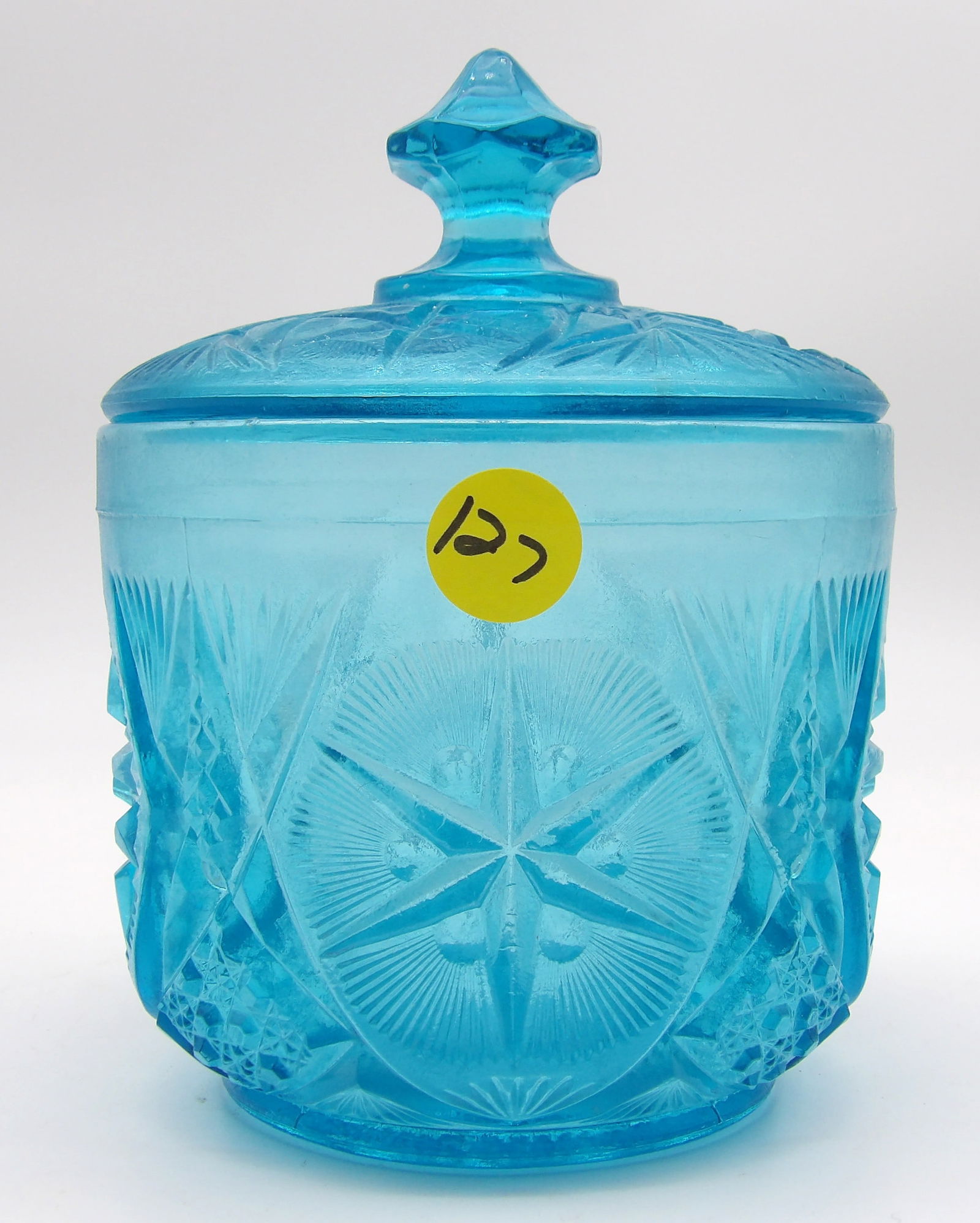 Yutec Starburst Blue Pressed Glass Lidded Jar (1 of 2)