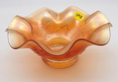 Embossed Floral Ruffled Edge Marigold Carnival Glass Bowl by Dugan Glass