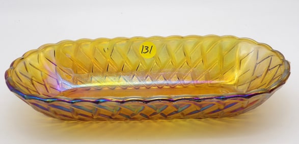 BASKET WEAVE AMBER CARNIVAL GLASS RELISH DISH BY IMPERIAL GLASS