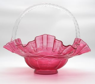 BRIDE’S BASKET CRANBERRY GLASS W/ RUFFLED EDGE BY FENTON ART GLASS