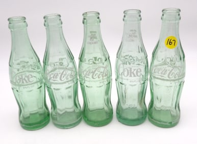 VINTAGE 1950’s/60’S GREEN GLASS COCA-COLA BOTTLES – 6.5 OZ – (5 BOTTLES)