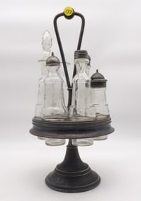 ANTIQUE CRUET / CASTOR SET – SILVER PLATED REVOLVING STAND & 6 ETCHED GLASS BOTTLE CONTAINERS