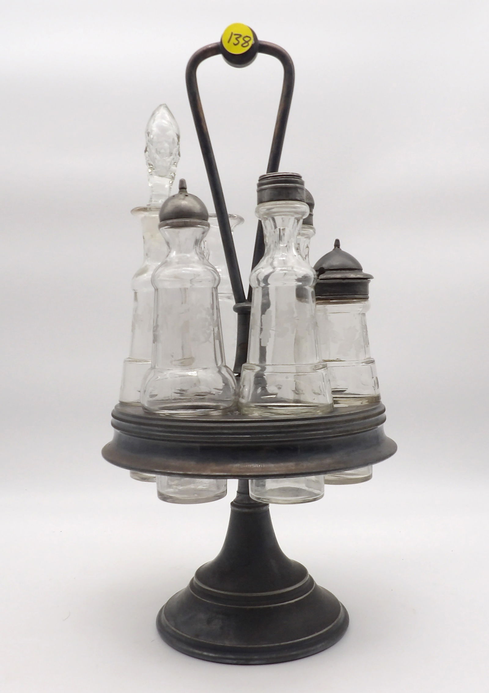 ANTIQUE CRUET / CASTOR SET – SILVER PLATED REVOLVING STAND & 6 ETCHED GLASS BOTTLE CONTAINERS (1 of 2)