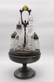 ANTIQUE CRUET / CASTOR SET – SILVER PLATED REVOLVING STAND & 6 ETCHED GLASS BOTTLE CONTAINERS