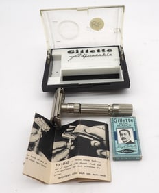 VINTAGE GILLETTE ADJUSTABLE RAZOR W/ CASE, BLADES, AND INSTRUCTION BOOKLET