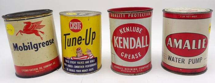 VINTAGE OIL CANS (4) – KENLUBE, MOBILGREASE, AMALIE WATER PUMP, CASTLE TUNE-UP
