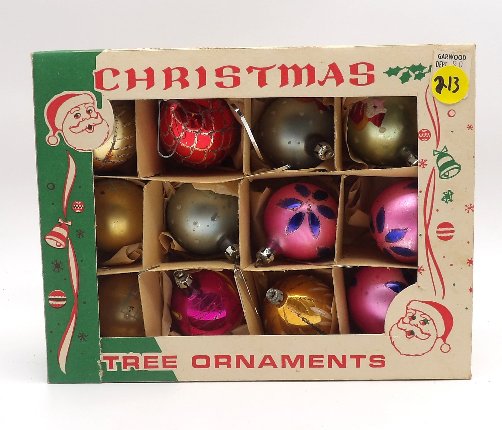 12 PC - 1950s VINTAGE CHRISTMAS TREE ORNAMENTS: These Fantasia-style ornaments are a staple of 20th Century Christmas. This original box contains a dozen breathtaking vintage ornaments that will please any collector.