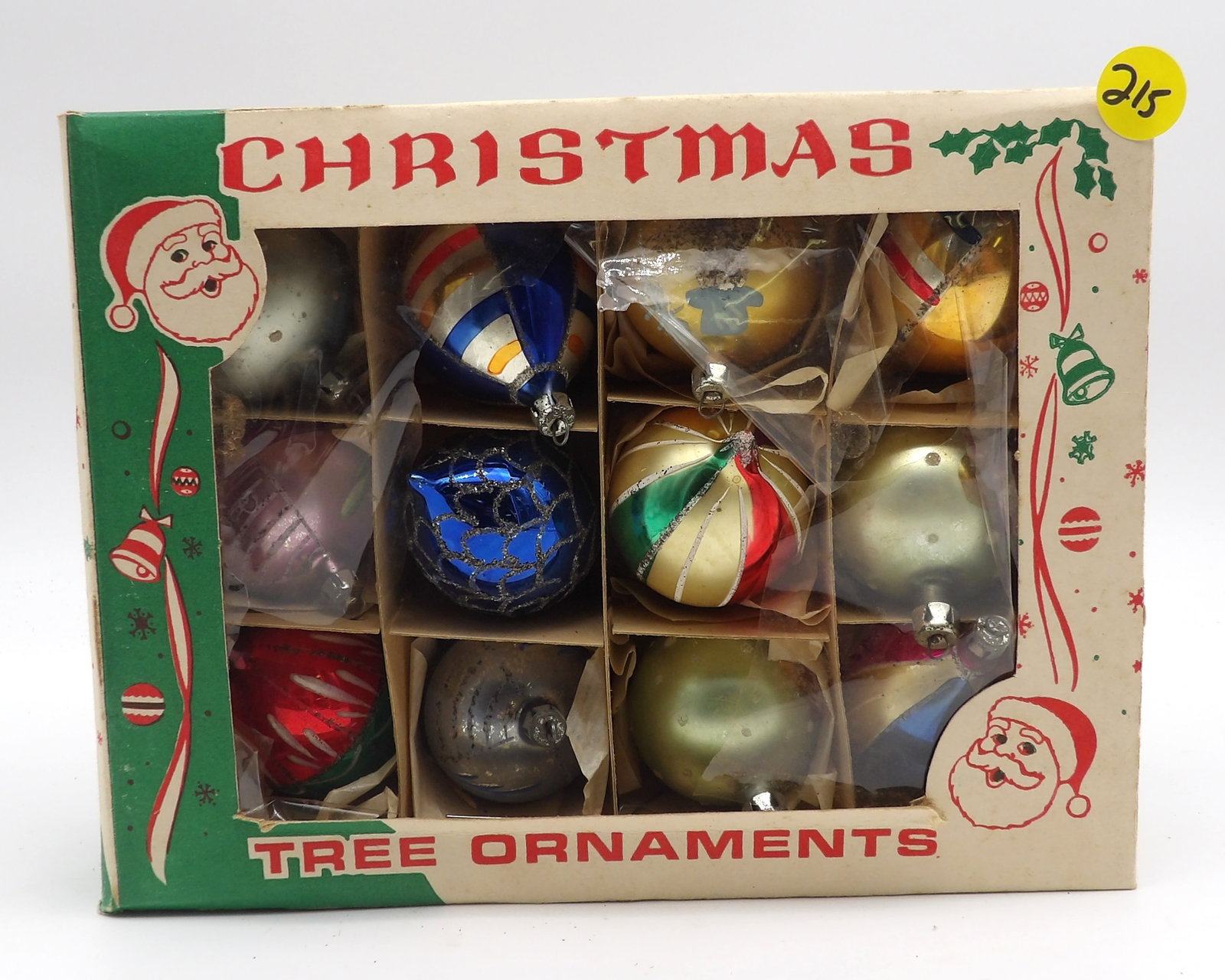 12 PC - VINTAGE CHRISTMAS TREE ORNAMENTS: These Fantasia-style ornaments are a staple of 20th Century Christmas. This original box contains a dozen breathtaking vintage ornaments that will please any collector.