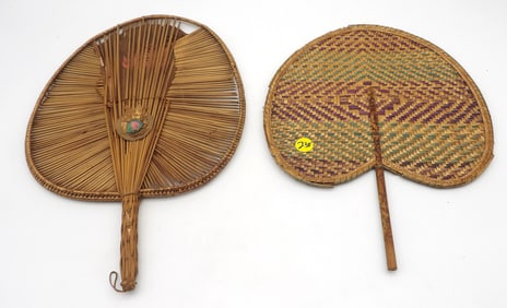 VINTAGE PALM / BAMBOO HANDCRAFTED HAND FANS (2)