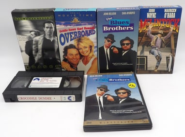 MOVIE LOT – 5 VHS, 1 DVD: ERASER, CROCODILE DUNDEE, OVERBOARD, MCCLINTOCK, BLUES BROTHERS