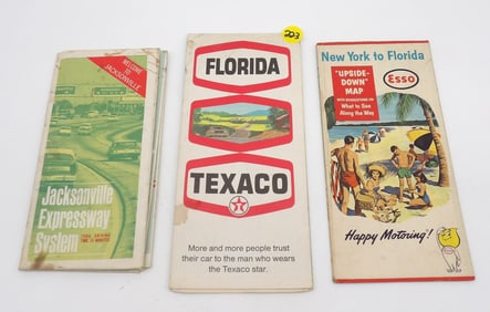 3 PC - VINTAGE ROAD MAPS - JACKSONVILLE EXPRESSWAY, FLORIDA STATE (TEXACO), NEW YORK TO FLORIDA (ESS