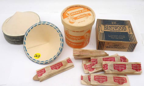 VINTAGE ICE CREAM CARTON, CUPS, SPOONS