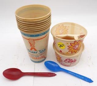 VINTAGE FAST FOOD / ICE CREAM CUPS (10) & DAIRY QUEEN SPOONS – STEER-INN, ELSIE BORDENS