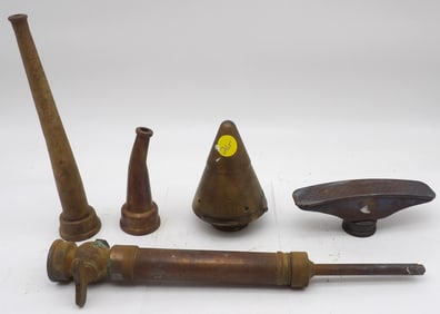 VINTAGE BRASS HOSE ATTACHMENT AND ARTILLERY FUSE LOT (5)