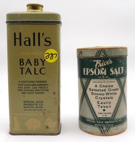2PC - HALL’S BABY TALC & PRICE’S EPSOM SALT CONTAINERS
