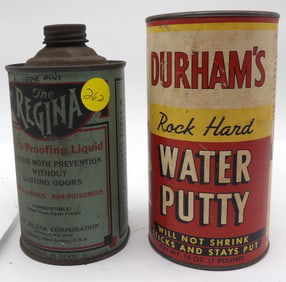 VINTAGE WATERPROOFING CANS (2) DURHAM’S ROCK HARD WATER PUTTY, REGINA MOTH PROOFING